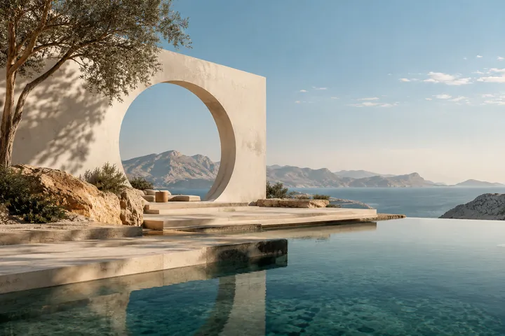Fictional architectural reference: light, arches and coastal water